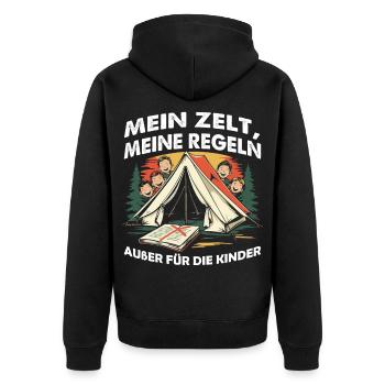 Mein Zelt Meine Regeln Kindercamp - Unisex Premium Bio Zip Hoodie - Schwarz - Hinten - Nico (187cm)