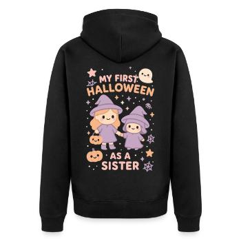 Mein erstes Halloween als Schwester Süßer Geisterkürbis - Unisex Premium Bio Zip Hoodie - Schwarz - Hinten - Nico (187cm)