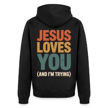 Jesus Loves You Tee - Unisex Premium Bio Zip Hoodie - Schwarz - Hinten - Nico (187cm)
