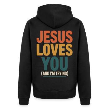 Jesus liebt dich (ich versuche) - Unisex Premium Bio Zip Hoodie - Schwarz - Hinten - Nico (187cm)