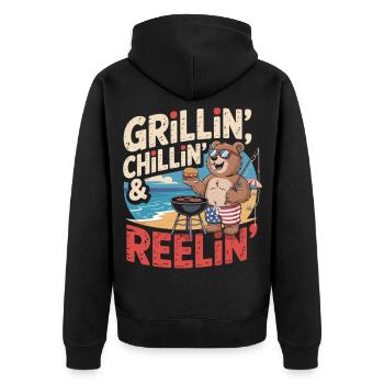 BBQ Shirt with Bear on the Beach for Men - Unisex Premium Organic Zip Hoodie - black - Back - Nico (187cm)