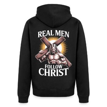 Men with Faith – Real Men Follow Christ - Unisex Premium Organic Zip Hoodie - black - Back - Nico (187cm)