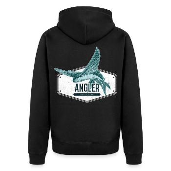 Angler USA Design Fliegender Fisch - Unisex Premium Bio Zip Hoodie - Schwarz - Hinten - Nico (187cm)