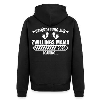 Beförderung zur Zwillings Mama 2026 loading - Unisex Premium Bio Zip Hoodie - Schwarz - Hinten - Nico (187cm)