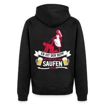 Er ist der Depp - JGA Team Bräutigam - Unisex Premium Bio Zip Hoodie - Schwarz - Hinten - Nico (187cm)