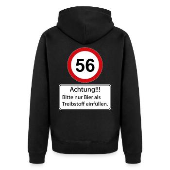 56 Achtung nur Bier als Treibstoff einfüllen - Unisex Premium Bio Zip Hoodie - Schwarz - Hinten - Nico (187cm)