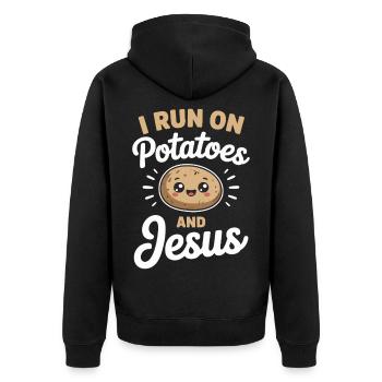 I Run On Potatoes And Jesus - Unisex Premium Bio Zip Hoodie - Schwarz - Hinten - Nico (187cm)