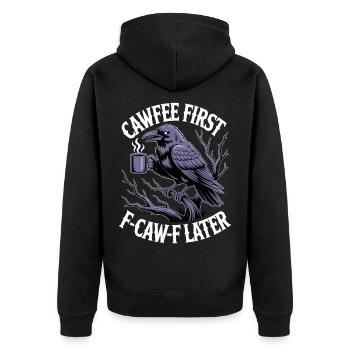Kaffee zuerst: Krähe mit Becher - Unisex Premium Bio Zip Hoodie - Schwarz - Hinten - Nico (187cm)