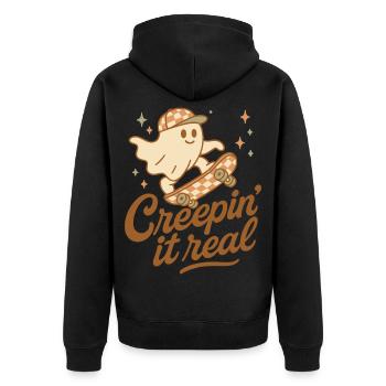 Creepin It Real Funny Halloween Ghost Skateboard - Unisex Premium Organic Zip Hoodie - black - Back - Nico (187cm)