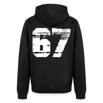 Nummer 67 in Schwarz-Weiß-Kontrast - Unisex Premium Bio Zip Hoodie - Schwarz - Hinten - Nico (187cm)