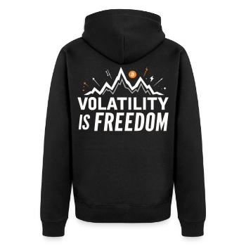 Volatility is Freedom – Bitcoin Crypto Spruch - Unisex Premium Bio Zip Hoodie - Schwarz - Hinten - Nico (187cm)