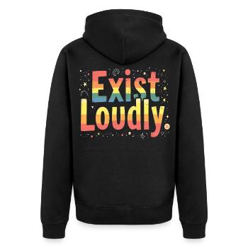 Exist Loudly – Buntes Pride Empowerment - Unisex Premium Bio Zip Hoodie - Schwarz - Hinten - Nico (187cm)