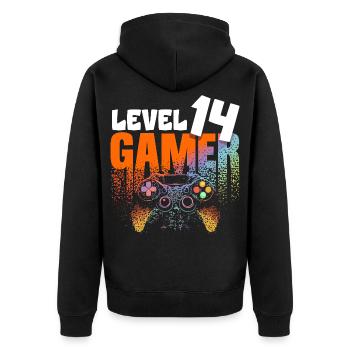 Level 14 Gamer Regenbogen Controller 14 Jahre - Unisex Premium Bio Zip Hoodie - Schwarz - Hinten - Nico (187cm)