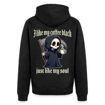 Ich mag meinen Kaffee schwarz, genau wie meine Seele - Unisex Premium Bio Zip Hoodie - Schwarz - Hinten - Nico (187cm)