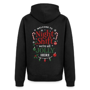 NachtSchicht Jolly Weihnachtsteam - Unisex Premium Bio Zip Hoodie - Schwarz - Hinten - Nico (187cm)
