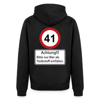41 Achtung nur Bier als Treibstoff einfüllen - Unisex Premium Bio Zip Hoodie - Schwarz - Hinten - Nico (187cm)