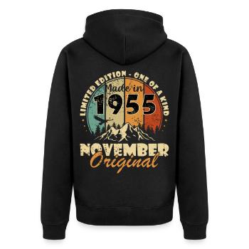 70e anniversaire - Original - Novembre 1955 - Veste à capuche bio Premium Unisexe - noir - Dos - Nico (187cm)