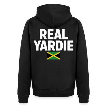Real Yardie Jamaican Flag Tee - Unisex Premium Bio Zip Hoodie - Schwarz - Hinten - Nico (187cm)