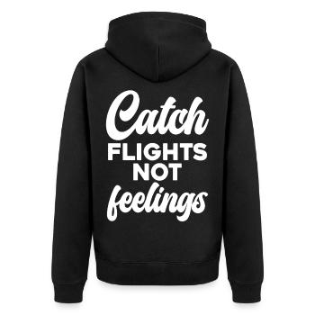 Catch Flights Not Feelings - Unisex Premium Bio Zip Hoodie - Schwarz - Hinten - Nico (187cm)