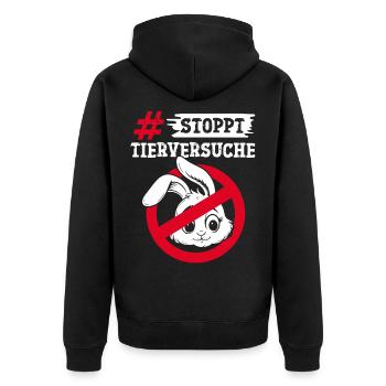 Tierschutz STOPPT TIERVERSUCHE GEGEN VERSUCHE - Unisex Premium Bio Zip Hoodie - Schwarz - Hinten - Nico (187cm)