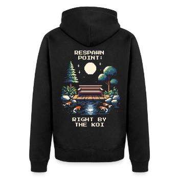 Respawn-Punkt: Am Koi-Teich | Ruhe, Zen - Unisex Premium Bio Zip Hoodie - Schwarz - Hinten - Nico (187cm)
