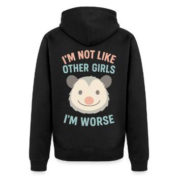 Ich bin nicht wie andere Mädchen, ich bin schlimmer Opossum-Humor - Unisex Premium Bio Zip Hoodie - Schwarz - Hinten - Nico (187cm)