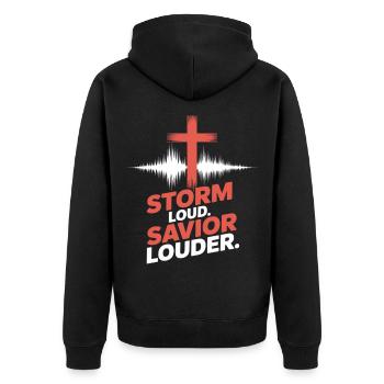 Tempête Sauveur Des louanges plus fortes - Veste à capuche bio Premium Unisexe - noir - Dos - Nico (187cm)