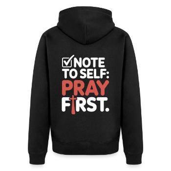 Pray First Gebet Jesus Glaube - Unisex Premium Bio Zip Hoodie - Schwarz - Hinten - Nico (187cm)