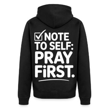 Pray First Gebet Jesus Glaube - Unisex Premium Bio Zip Hoodie - Schwarz - Hinten - Nico (187cm)