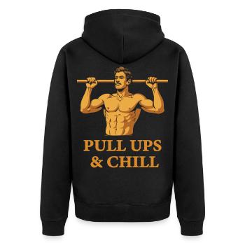 Klimmzüge &amp; Chill Calisthenics Fitness-Studio-Training - Unisex Premium Bio Zip Hoodie - Schwarz - Hinten - Nico (187cm)