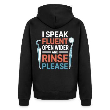 Für das Life Squad der Zahnpflegeklinik - Unisex Premium Bio Zip Hoodie - Schwarz - Hinten - Nico (187cm)