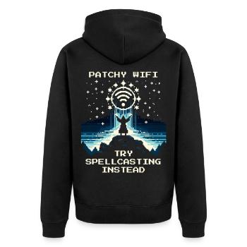 WLAN schwach? Zaubern statt streamen | Nerd Witz - Unisex Premium Bio Zip Hoodie - Schwarz - Hinten - Nico (187cm)