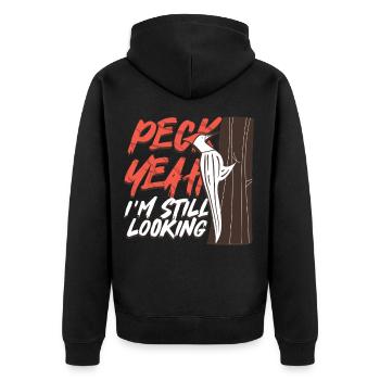 Elfenbein Specht Vogelbeobachter Peck Yeah - Unisex Premium Bio Zip Hoodie - Schwarz - Hinten - Nico (187cm)