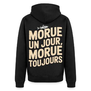 Einmal Kabeljau, immer Kabeljau - Unisex Premium Bio Zip Hoodie - Schwarz - Hinten - Nico (187cm)
