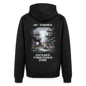 XP erhalten: Verbotene Zone entdeckt - Unisex Premium Bio Zip Hoodie - Schwarz - Hinten - Nico (187cm)