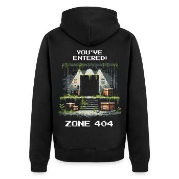 Zone 404 entdeckt | Ort nicht gefunden - Humor - Unisex Premium Bio Zip Hoodie - Schwarz - Hinten - Nico (187cm)