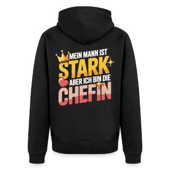 Mein Mann ist stark – aber ich bin die Chefin - Unisex Premium Organic Zip Hoodie - black - Back - Nico (187cm)