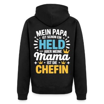Mein Papa ist Held – aber Mama ist die Chefin - Unisex Premium Bio Zip Hoodie - Schwarz - Hinten - Nico (187cm)