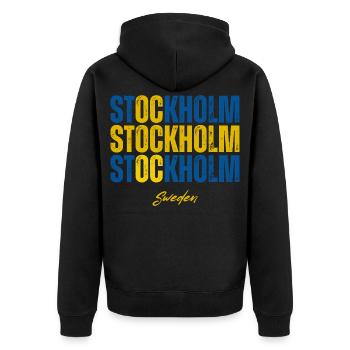 Stockholm, Schweden, stolzer Schwede - Unisex Premium Bio Zip Hoodie - Schwarz - Hinten - Nico (187cm)