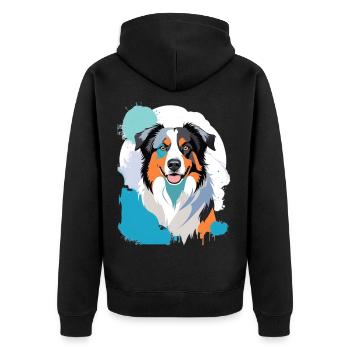 Colorful Aussie Dog Portrait with Paint Splashes - Unisex Premium Organic Zip Hoodie - black - Back - Nico (187cm)