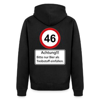 46 Achtung nur Bier als Treibstoff einfüllen - Unisex Premium Bio Zip Hoodie - Schwarz - Hinten - Nico (187cm)