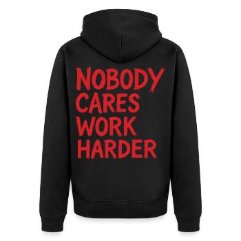 Calisthenics Niemand kümmert sich Härter arbeiten Training im Fitnessstudio - Unisex Premium Bio Zip Hoodie - Schwarz - Hinten - Nico (187cm)
