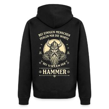 Bei Vielen Der Hammer Wikinger Spruch - Unisex Premium Bio Zip Hoodie - Schwarz - Hinten - Nico (187cm)