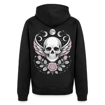 Gothic Totenschädel mit Mondphasen und Rosen Design - Unisex Premium Bio Zip Hoodie - Schwarz - Hinten - Nico (187cm)