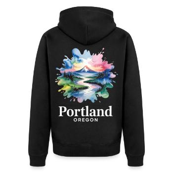 Portland, Oregon: Bunte Naturlandschaft - Unisex Premium Bio Zip Hoodie - Schwarz - Hinten - Nico (187cm)