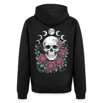 Gothic Totenschädel mit Mondphasen und Rosen Design - Unisex Premium Bio Zip Hoodie - Schwarz - Hinten - Nico (187cm)