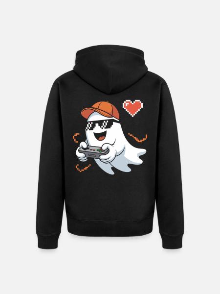 Retro Gamer Halloween Ghost - Unisex Premium Organic Zip Hoodie - black