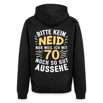 70s Cheers Shirt – No Envy, Look Good - Unisex Premium Organic Zip Hoodie - black - Back - Nico (187cm)