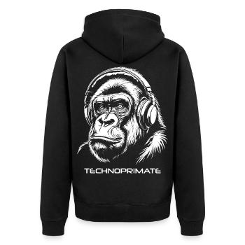Techno Primate Kopfhörer Ape Art #3 Weiß - Unisex Premium Bio Zip Hoodie - Schwarz - Hinten - Nico (187cm)