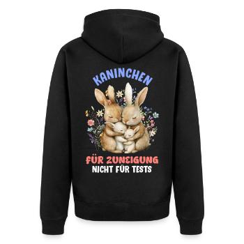 Tierschutz KANINCHEN FÜR SUNEIGUNG NICHT FÜR TESTS - Unisex Premium Bio Zip Hoodie - Schwarz - Hinten - Nico (187cm)